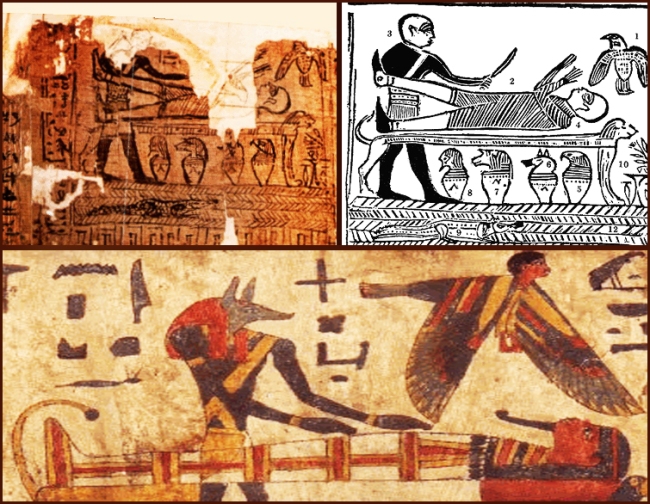 Above left is the remaining part of the original Egyptian papyrus misinterpreted by Smith Below is the stylistic depiction of mummification of the dead by Anubis (God of Cemetery) 