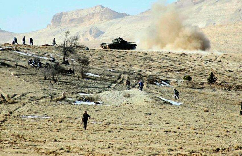 Syrian army forces are seen in the Qalamoun mountains north of Damascus